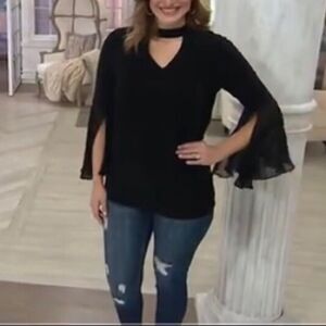 Laurie Felt Knit Woven Bell Sleeves Top